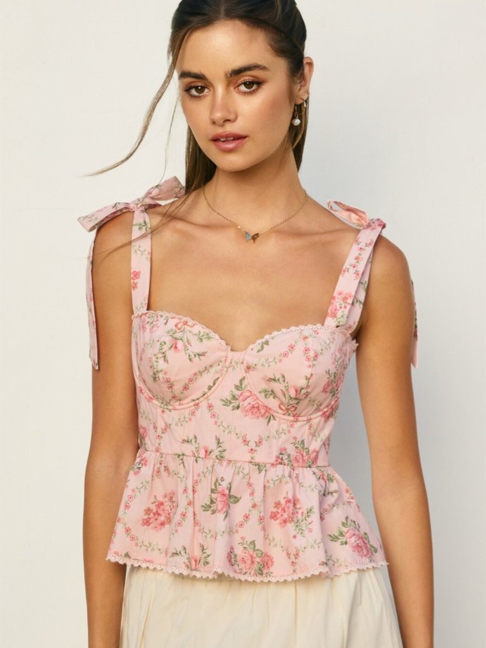 NWT Pink Rose Floral Corset Top with Tie Straps Smocked Back Peplum Cut Feminine
